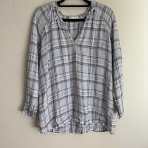 CP Shades Top Size Medium Linen Blue‎ plaid Pullover Flaw